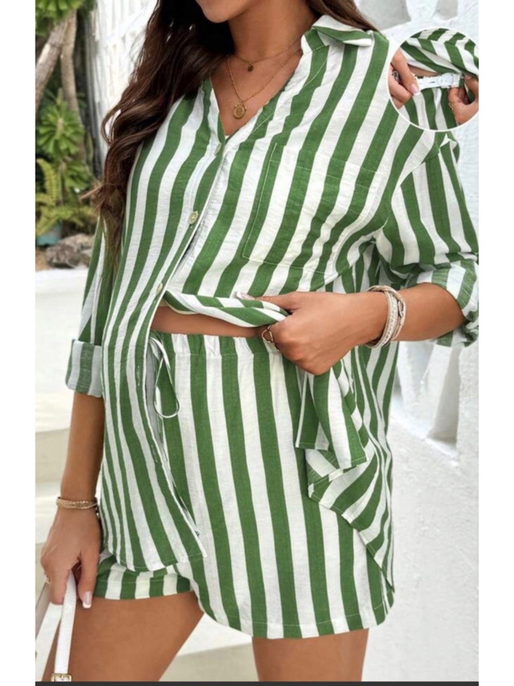SHEIN Green and White Striped Two-Piece Set